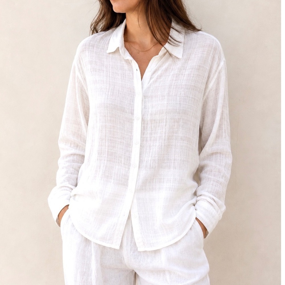 Xirena White Cotton Metallic Gold Striped Lightweight Button Down‎ Shirt Large